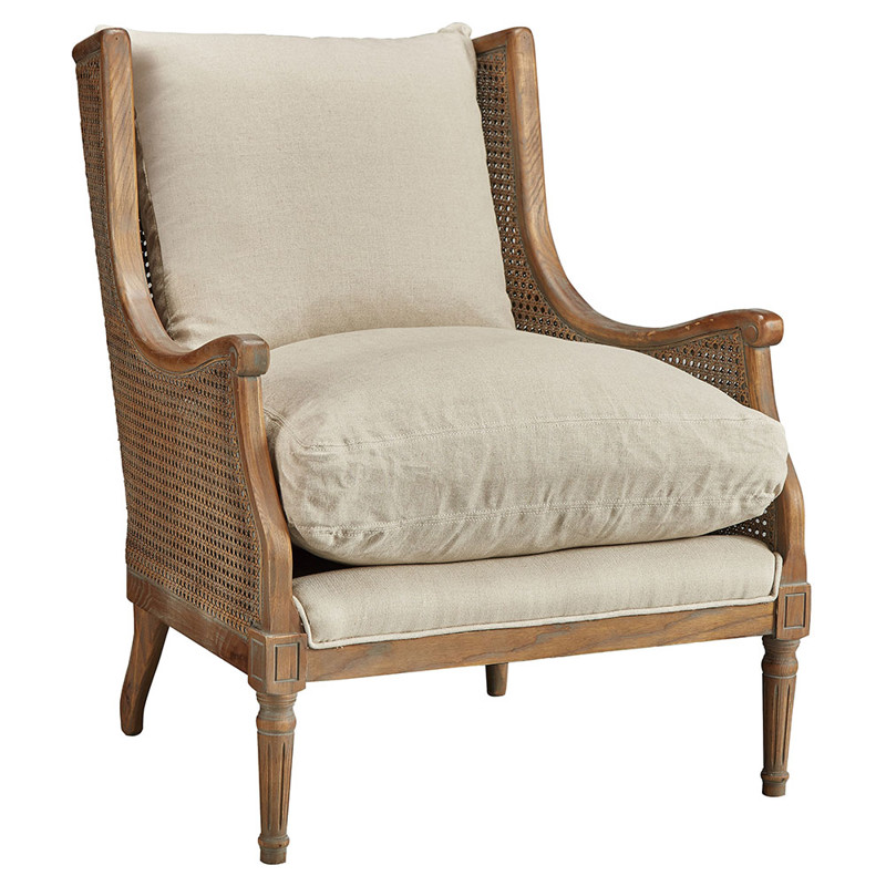 John French Country Brown Oak Wood Beige Performance Cushion Occasional Chair