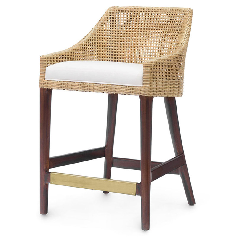 Palecek Vincent Coastal Beach White Performance Brown Rattan Hardwood Counter Stool