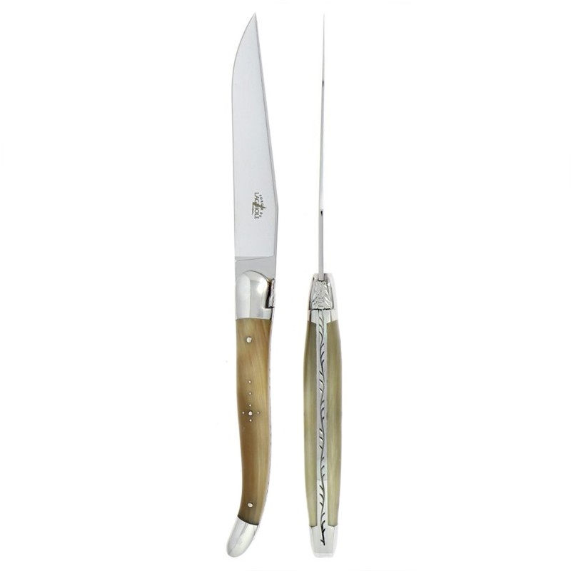 Forge de Laguiole Silver Stainless Steel Horn Tip Handle 2 Piece Steak Knife Set