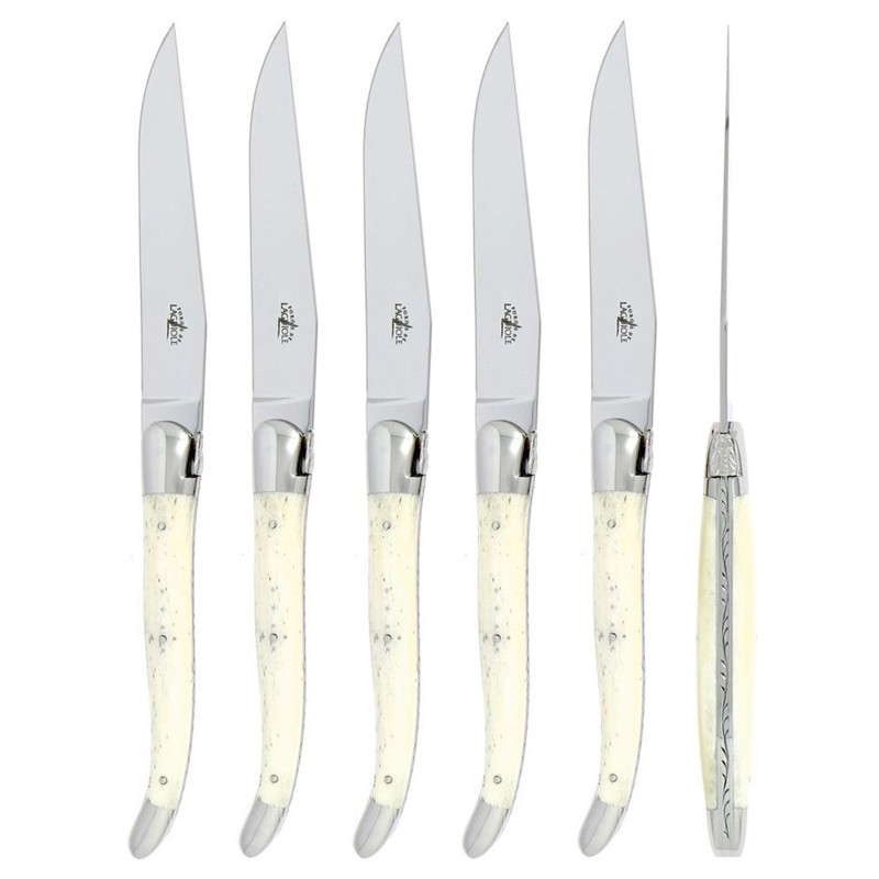 Forge de Laguiole Silver Stainless Steel Bone Handle 6 Piece Steak Knife Set