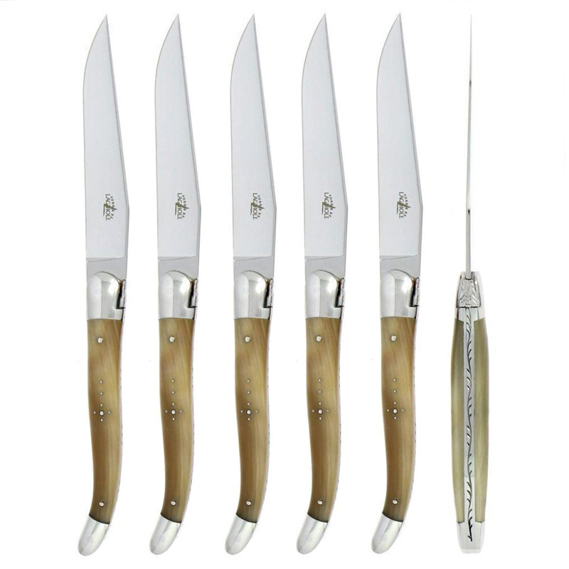 Forge de Laguiole Silver Stainless Steel Horn Tip Handle 6 Piece Steak Knife Set