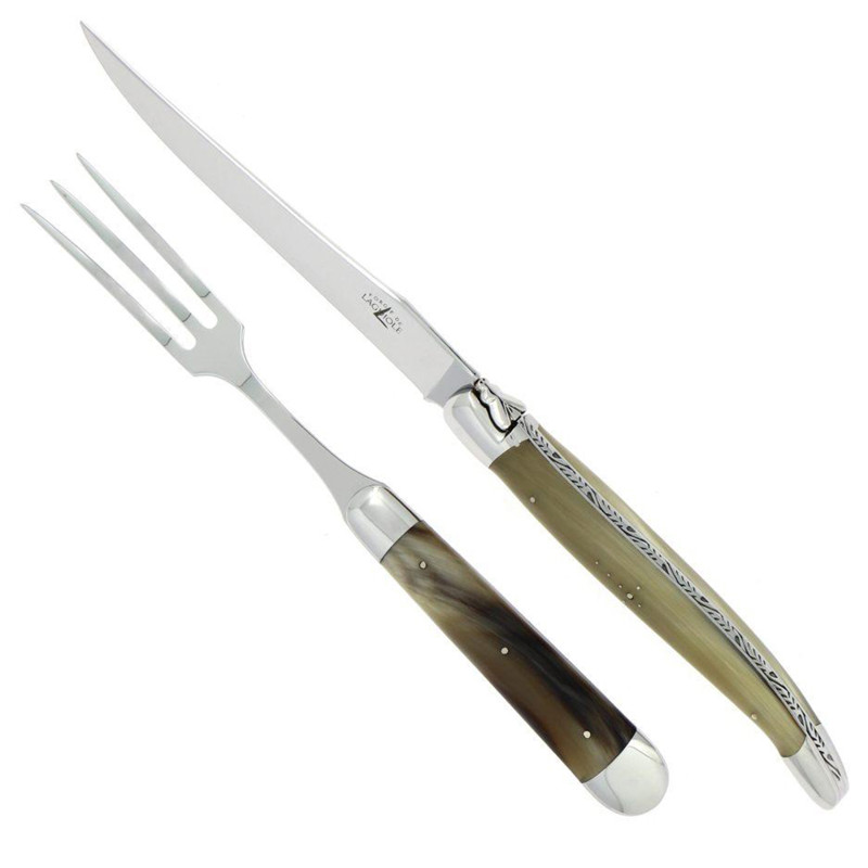 Forge de Laguiole Modern Silver Stainless Steel Horn Tip Handle Carving Set