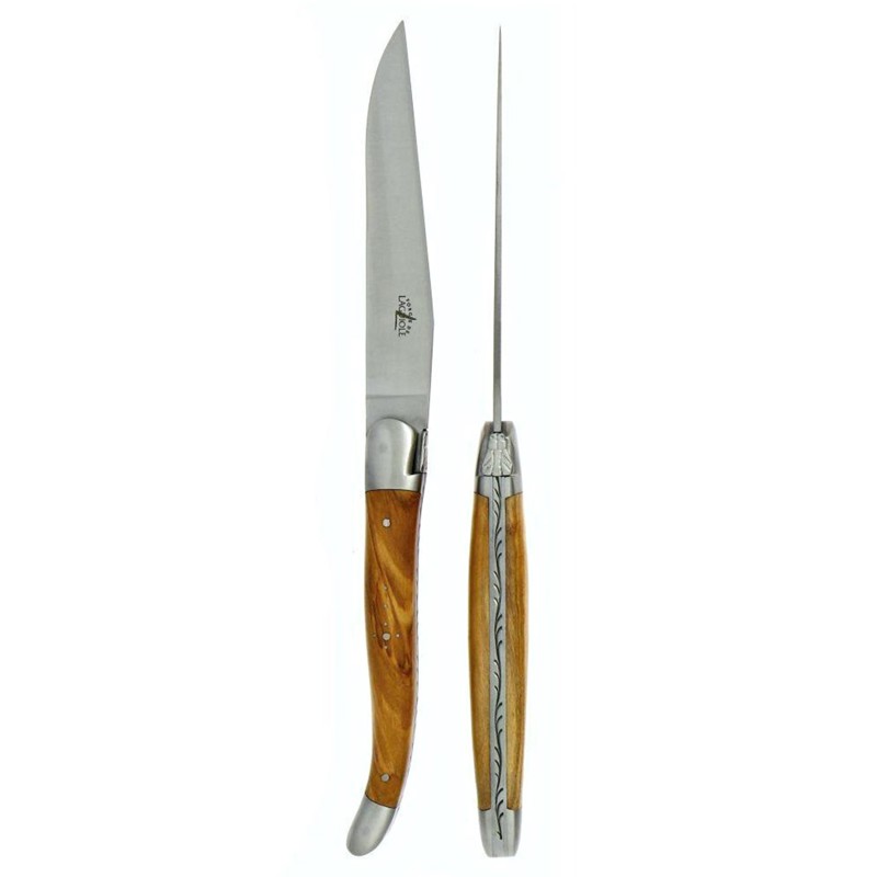 Forge de Laguiole Silver Stainless Steel Olive Wood Handle 2 Piece Steak Knife Set
