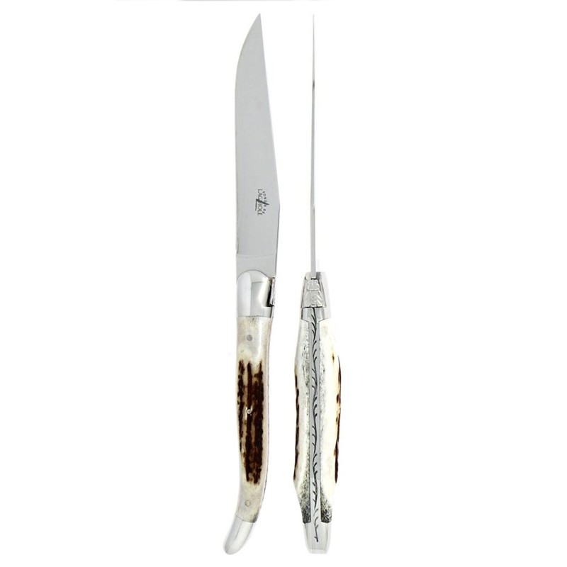 Forge de Laguiole Silver Stainless Steel Elk Stag Handle 2 Piece Steak Knife Set