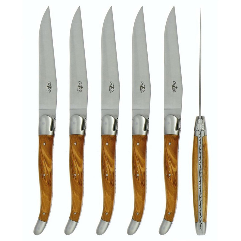 Forge de Laguiole Silver Stainless Steel Olive Wood Handle 6 Piece Steak Knife Set