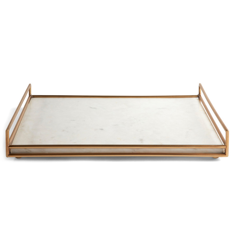 Tina Hollywood Regency Gold Iron Frame White Marble Rectangular Serving Tray