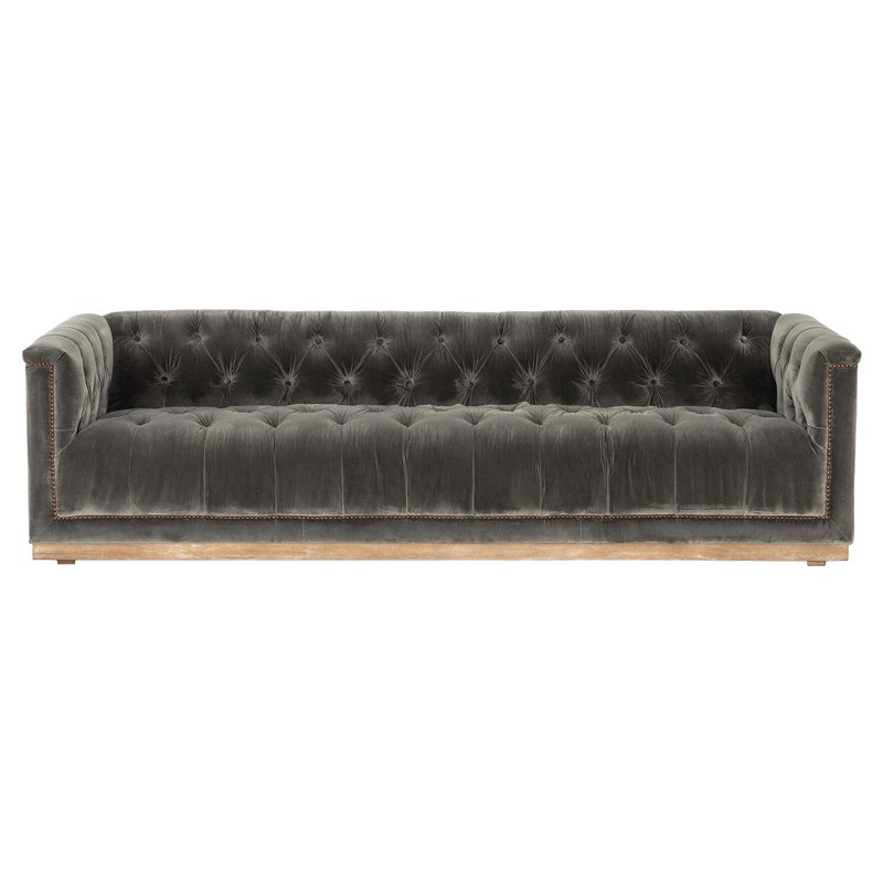 Emmy Rustic Grey Upholstered Velvet Tufted Nailhead Trim Sofa - Large - 95"W