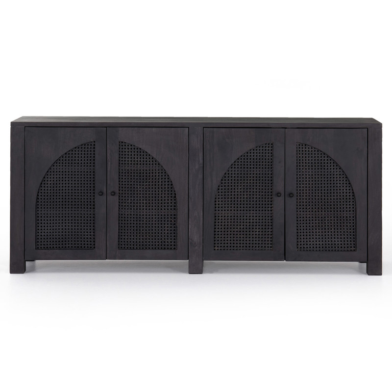 Kashton Mid Century Black Wash Mango Wood Arched Cane 4 Door Sideboard
