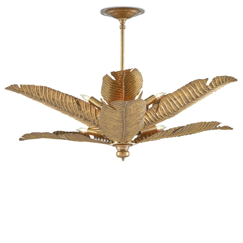 Pyro Updated Traditional Gold Iron Black Marble Tropical Leaf Semi Flush Mount