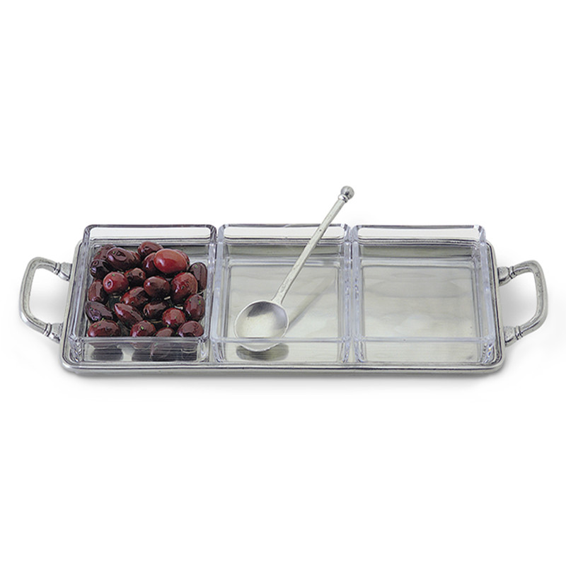 MATCH Modern Clear Crystal Insert Pewter Handle Crudité Tray