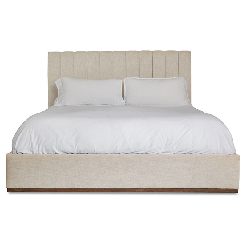 Natalie Rustic Beige Performance Fabric Brown Teak Wood Platform Bed - Queen