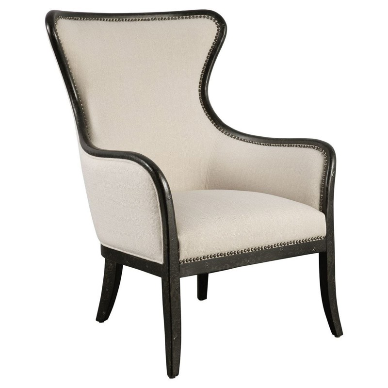 Sophia French Country Beige Performance Black Wood Nailhead Wing Chair