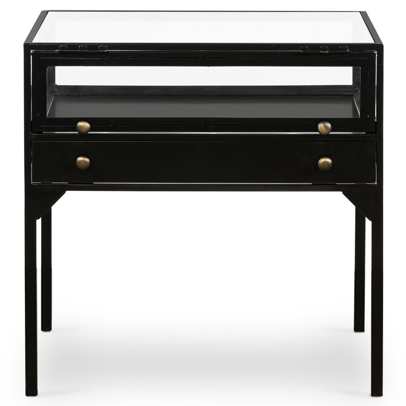 Katren Industrial Loft Black Metal Rim Clear Glass Top Square End Table