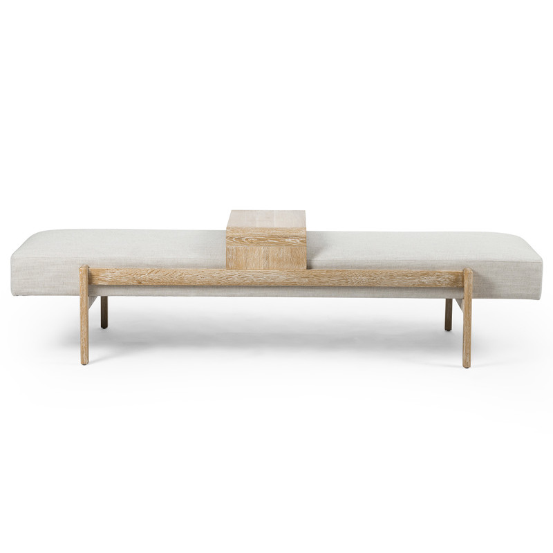 Odi Mid Century Light Brown Oak Wood Frame White Upholstered Entryway Bench