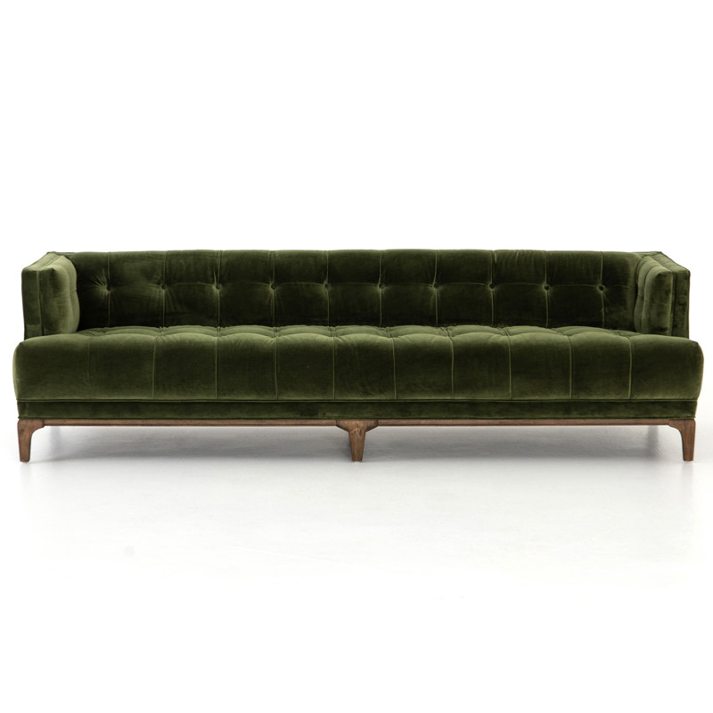 Allen Mid Century Green Velvet Brown Wood Frame Button Tufted Sofa - 91.25"W