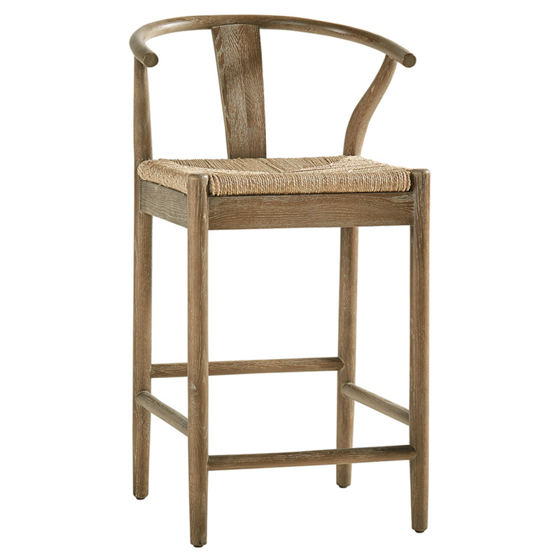 Zhuri Coastal Beach Dark Brown Oak Wood Frame Woven Seat Wishbone Counter Stool
