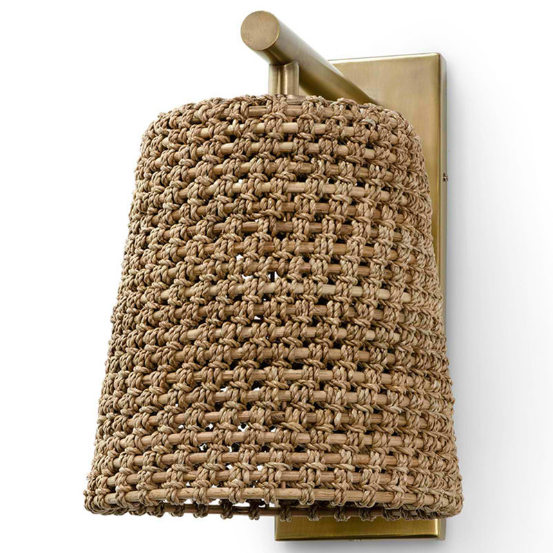 Palecek Green Oaks Coastal Beach Natural Brown Rattan Antique Brass Metal Sconce