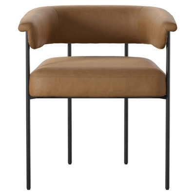 Penelope Industrial Light Brown Leather Black Iron Barrel Dining Arm Chair