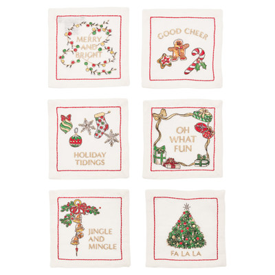 Merry and Bright Traditional White Linen Cocktail Napkin - Set of 6