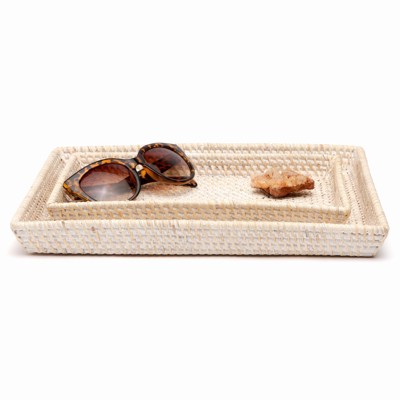 Pigeon and Poodle Dalton Coastal Beach Whitewash Rattan Tapered Tray - Set of 2