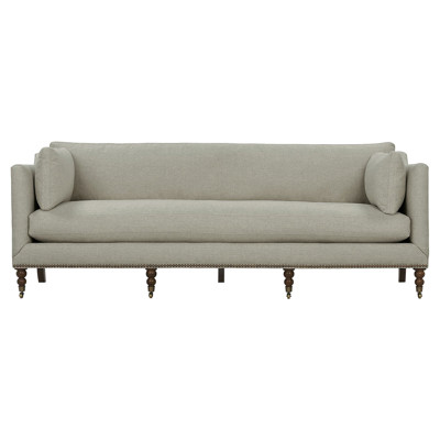 Madeline French Grey Upholstered Brown Wood Brass Casters Nailhead Sofa - Large - 90"W