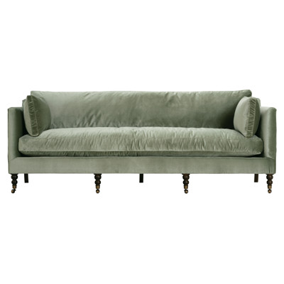 Madeline French Green Upholstered Brown Wood Brass Casters Sofa - Large - 90"W