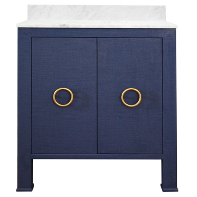 Worlds Away Blanche Modern Classic White Marble Navy Blue Linen Vanity Sink - 31"