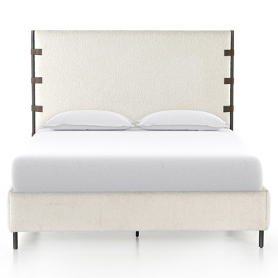 Gerald French Country White Performance Boucle Waxed Black Iron Frame Bed - Queen