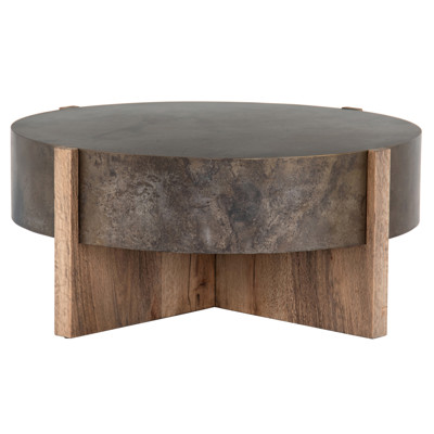 Brandon Rustic Black Iron Top Brown Oak Wood Base Round Coffee Table