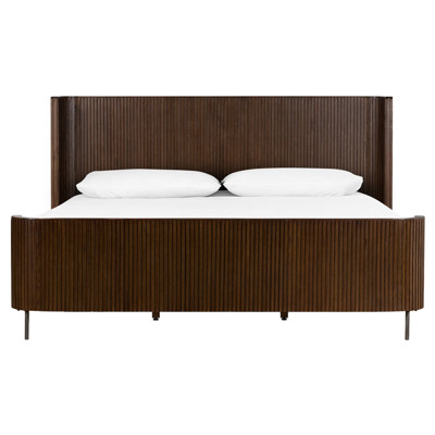 Florence Mid Century Brown Oak Wood Brushed Iron Platform Bed - King