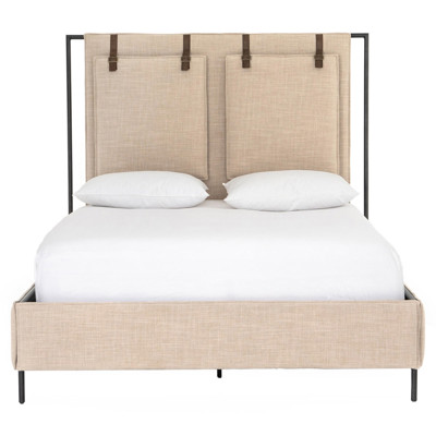 Sareen Modern Classic Beige Upholstered Leather Strap Iron Legs Bed - King