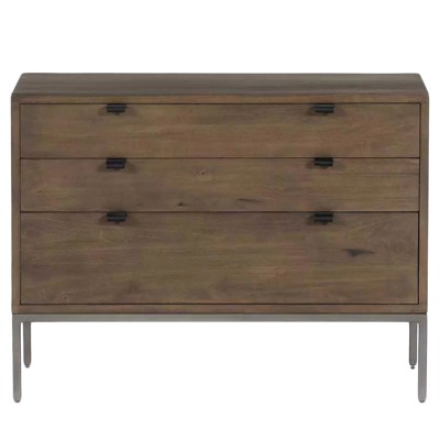 Theodore Industrial Loft Brown Wood Grey Iron Leather Pulls 3 Drawer Wide Nighstand