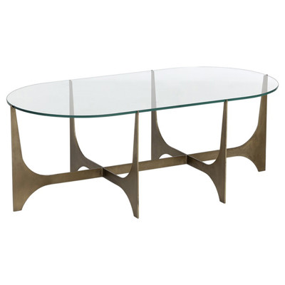 Walpole Hollywood Regency Clear Glass Antique Brass Steel Oval Coffee Table