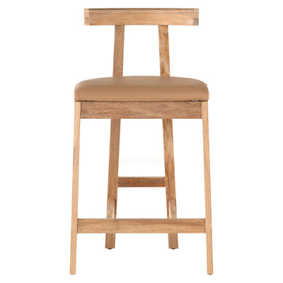 Madina Mid Century Modern Brown Upholstered Leather Natural Wood Counter Stool