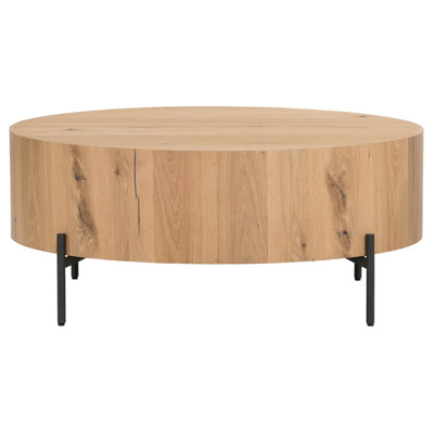 Alina Rustic Lodge Light Brown Oak Wood Black Iron Base Round Coffee Table
