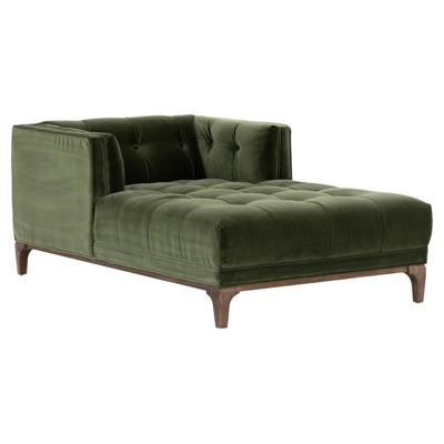 Allen Mid Century Green Velvet Brown Wood Frame Button Tufted Chaise Lounge