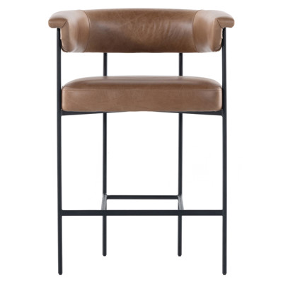 Penelope Industrial Brown Upholstered Leather Black Iron Barrel Counter Stool