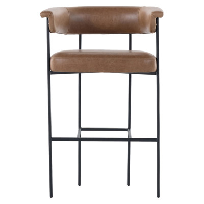 Penelope Industrial Brown Upholstered Leather Matte Black Iron Barrel Bar Stool