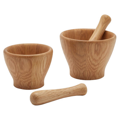 Tashi Rustic Natural Brown Oak Wood Mortar and Pestle - Set of 2