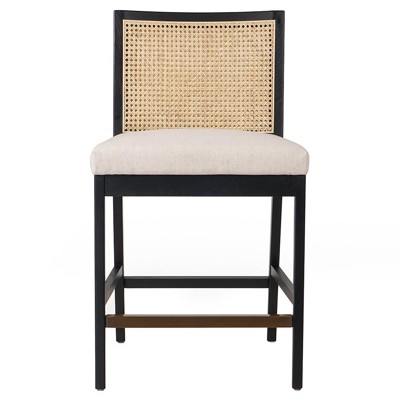 Annette Coastal Beige Performance Black Wood Natural Woven Cane Counter Stool