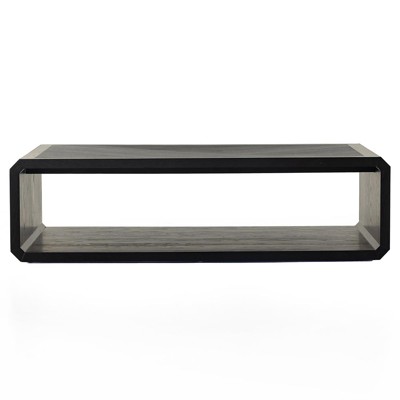 Joy Rustic Lodge Black Wood Linear Patterned Top Rectangular 2 Tier Coffee Table