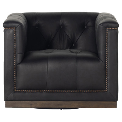 Emmy Rustic Lodge Black Leather Tufted Nailhead Trim Swivel Club Chair