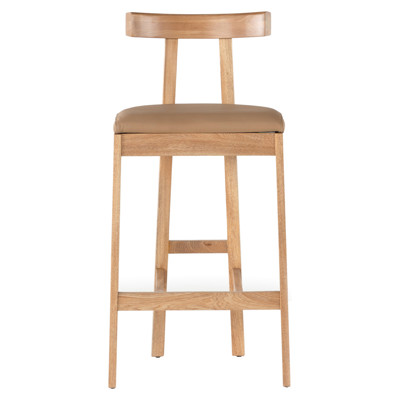 Madina Mid Century Modern Brown Upholstered Leather Natural Wood Bar Stool