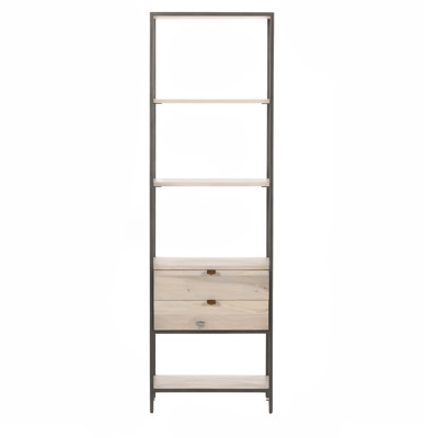 Theodore Industrial Loft Dove White Wood Grey Iron Frame 2 Drawer Display Bookcase