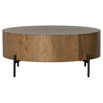 Alina Rustic Lodge Dark Brown Oak Wood Black Iron Base Round Coffee Table