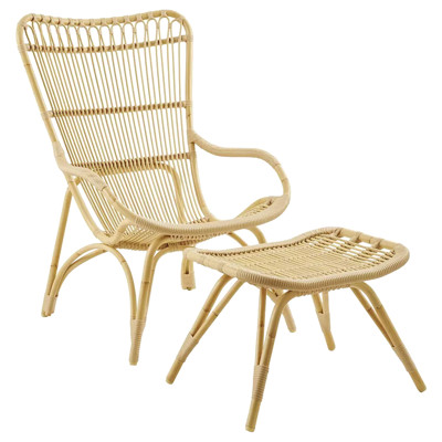 Alexis Coastal Beach Natural Brown Woven Rattan Frame Arm Chair and Stool