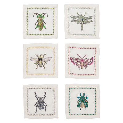 Garden Party White Linen Embroidered Cocktail Napkin - Set of 6