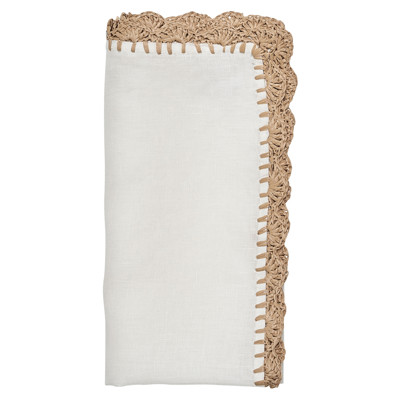 Ida Shell Edge Coastal White Linen Raffia Trim Napkin - Set of 4