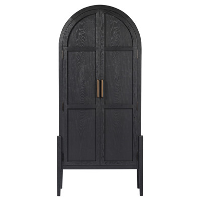 Ivan Mid Century Modern Black Oak Wood Brass Iron 2 Door Arched China Cabinet