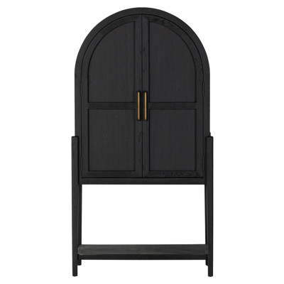Ivan Mid Century Modern Black Oak Wood Brass Iron 2 Door Bar Cabinet